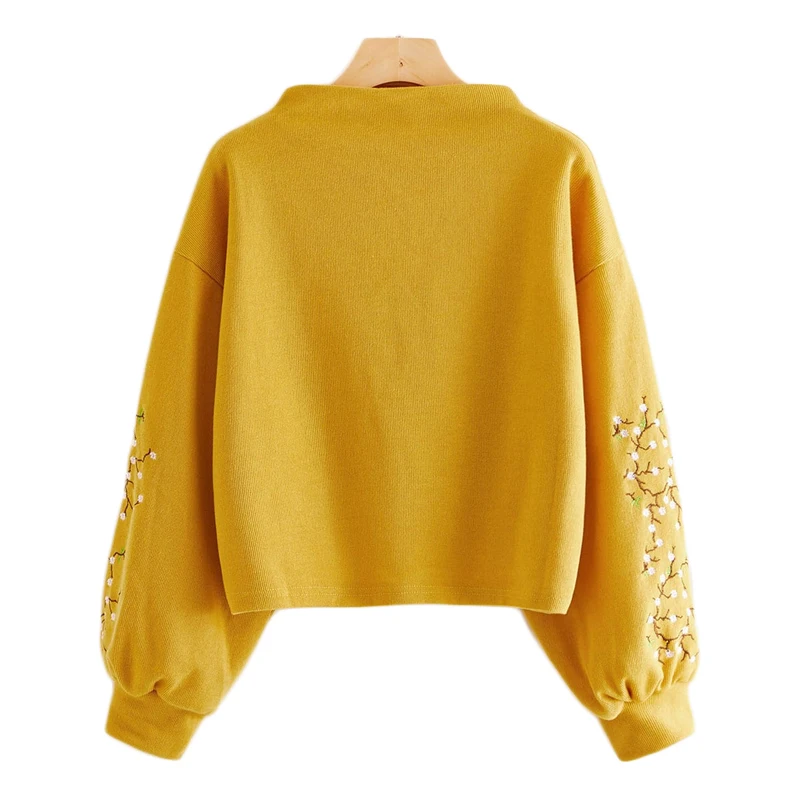 Dotfashion розовый свитер с рукавами-фонариками и цветочной вышивкой, Женский Повседневный свитер, Осенний весенний пуловер с рукавом-лодочкой