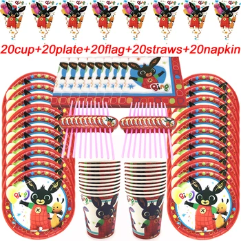 

100PCS Red Rabbit Party Paper Plates Cup Set Kids Happy Birthday Decor Flags Baby Shower Cartoon Rabbit Party Supplies Set