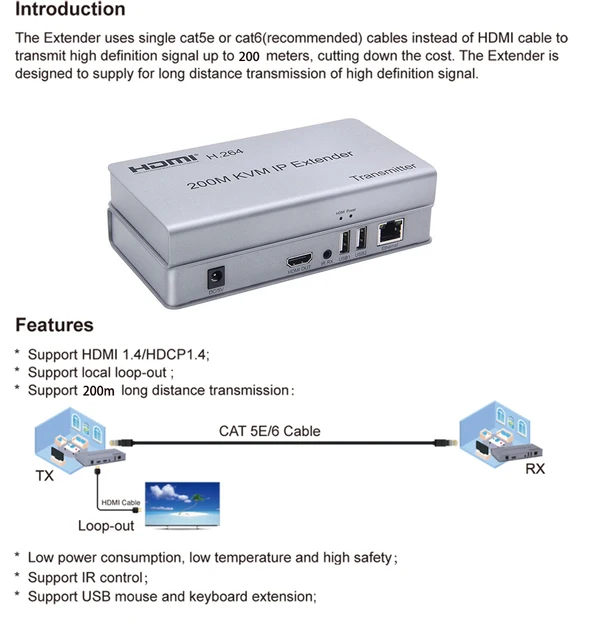 200M KVM HDMI Extender By RJ45 Ethernet Cat5e Cat6 Cable Converter