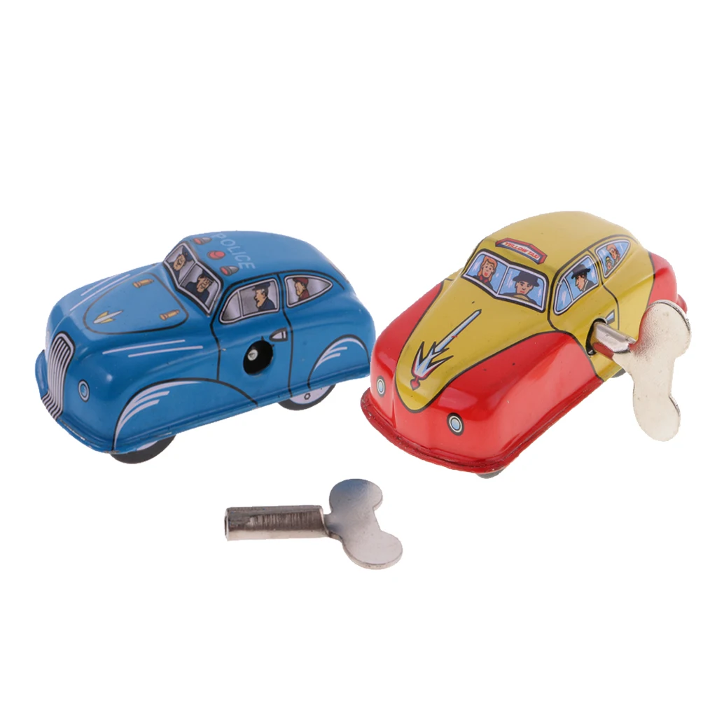 2 Pieces: Vintage Metalwork Taxi Car & Police Car Model Wind-up Running Clockwork Tin Toy Collectibles