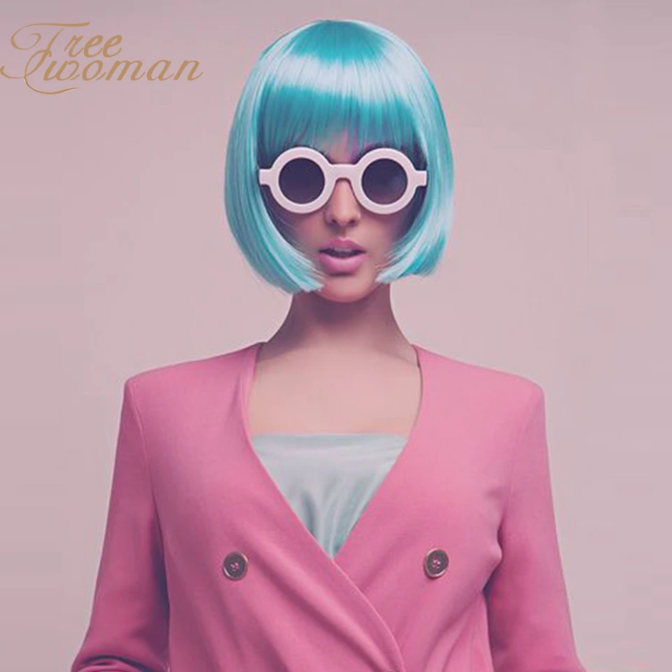 

FREEWOMAN Synthetic 12inch Straight Short For Women Medium Length Hair Bob Wig Heat Resistant bobo Hairstyle Cosplay wig pink