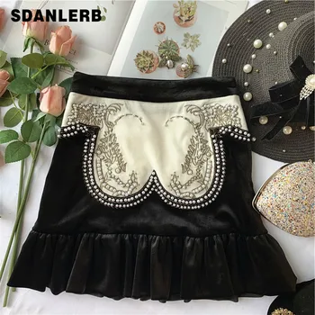 

Palace Style Embroidered Beaded Ruffle Fishtail Skirt Velvet Skirt Women's Slim Package Hip Skirt Femme Spring Winter 2020