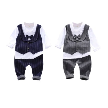 

Baby Boys Clothes Autumn Gentleman Set Casual T-shirt With Fake Vest Tie Design Stripe Pants Trouser