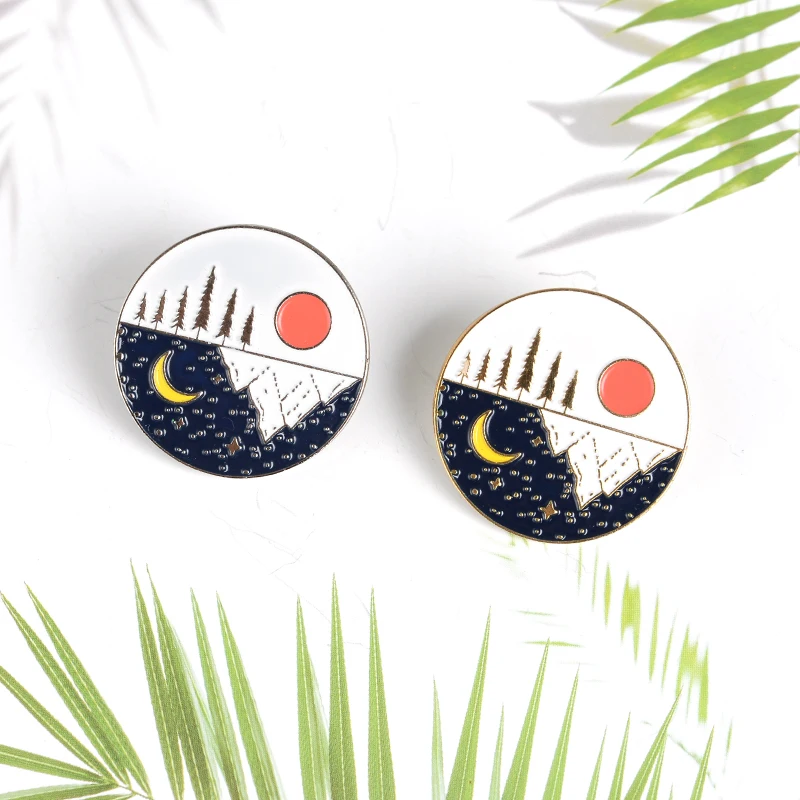 Sun Moon Enamel Pin Forest Mountain Starry Sky Round Brooches Bag Clothes Lapel Pins Jewelry Gift for Lover Friend | Украшения и