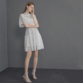

платье women's dresses summer new French elegant temperament white lace dress high quality women's hollow dresses