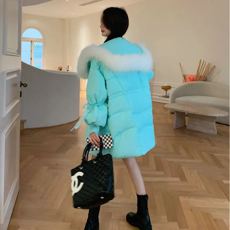 Navy collar down jacket winter 2021 new drawstring waist-in baby collar Christmas white duck down fashion red warm jacket woman
