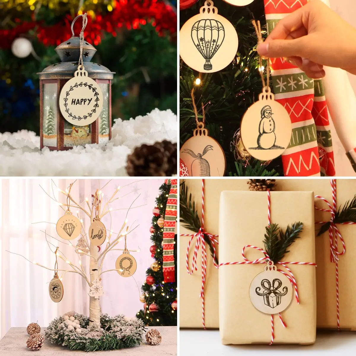 IMIKEYA 30PCS Christmas Wooden Round Shape Ornaments Hanging Cutouts Wood Slice for DIY Christmas Tree Decoration with Strings