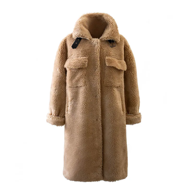 camel teddy coat Зимний длинный плюшевый пиджак, пальто, женское эксклюзивное фиолетовое пальто из овечьей шерсти с пряжкой, элегантное плотное теплое пальто из искусственного меха, меховая верхняя одежда - Цвет: camel teddy coat