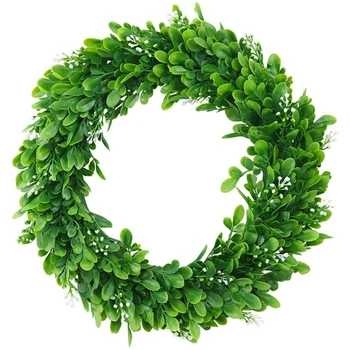

15.7Inch Faux Boxwood Wreath Artificial Green Leaves Wreath for Front Door Wall Window Hanging Wedding Party Decoration