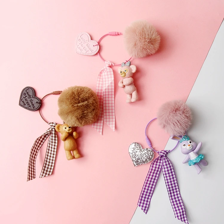 

Cute Cartoon Duffy Bear Stella Rabbit Bunny Fur Pompom Ribbon Keychain Key Chain Women Key Ring Chains Bag Charm Kids Toys D348
