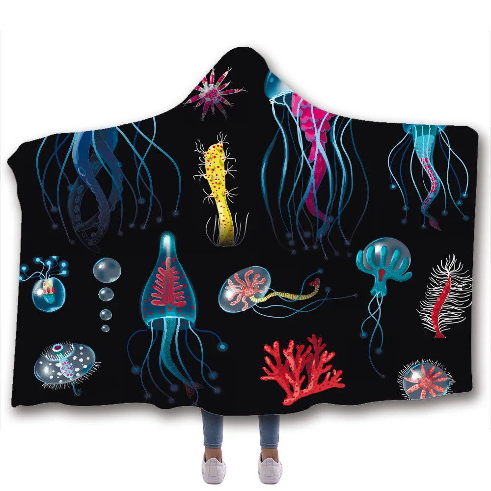 

Hooded Blanket 3D Printed Sea Creature For Adults Childs Sherpa Fleece Hoodie Blanket Microfiber Warm Throw Blanket For Home Bed