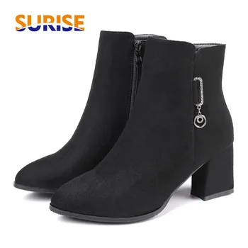 

Big Size Winter Women Ankle Boots Black Flock 7cm High Chunky Heel Casual Lady Pointed Toe Crystal Ring Zipper Plush Short Boots
