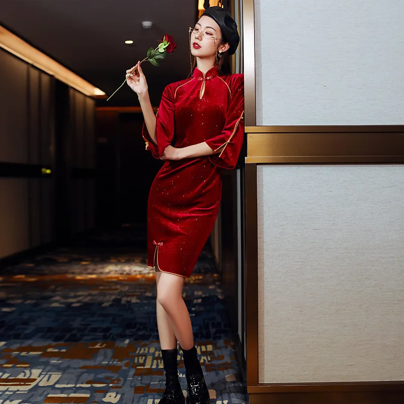 Бархатное китайское современное модное вечернее платье для девочек qipao для женщин