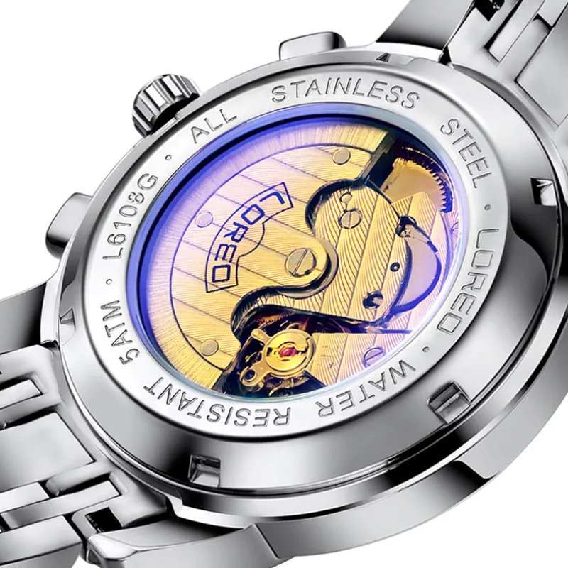 Perpetual Calendar LOREO Мужские автоматические механические часы Tourbillon водонепроницаемые деловые спортивные часы со скелетом Relogio Masculino