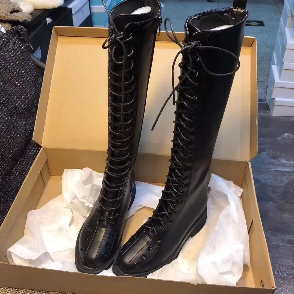 

thigh high boots bottes femme 2020 stivali donna tound toe lace-up square heels short plush pu leather fashion platform shoes