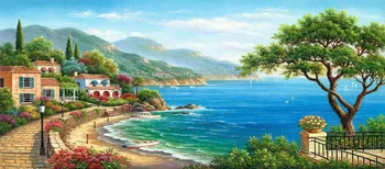 

Modern handmade painting Villa by the sea on cave for home wall decoration, wallpaper