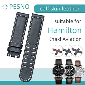Image 1 - Pesno Genuine Calf Skin Leather Watch Band suitable for Hamilton Khaki Aviation Smooth Texture Strap Bamboo Grain Wrist Bracelet