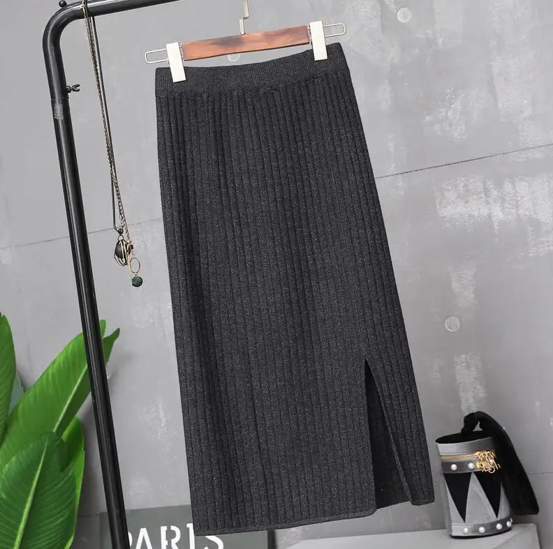 Dark gray 80CM Элегантная женская юбка-карандаш, весна-осень, повседневная, в рубчик, теплая, вязаная, длинная юбка, для офиса, высокая талия, юбки для женщин, s, плюс размер - Цвет: Dark gray 80CM