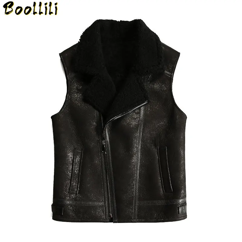 

Boollili Genuine Leather Jacket Men Autumn Winter Biker Vest sheepskin coat Sleeveless Jacket Mens Leather Vests