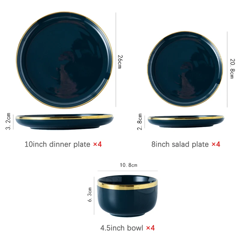 Blue Ceramic Dinnerware Set With Dinner Plate,dessert Plate,bowl For 4