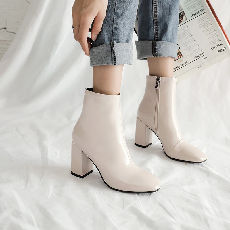 WETKISS/ботинки из искусственной кожи женские ботильоны женская обувь на высоком толстом каблуке Женская обувь с квадратным носком женская зимняя обувь г., большие размеры 45