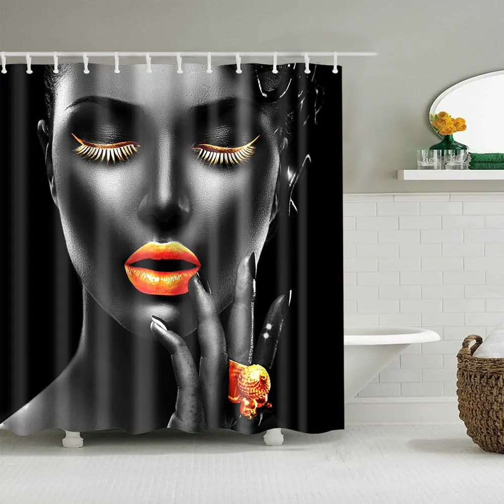 

African American Shower Curtains 3D Printing Gold Lips Black Women Shower Curtain Polyester Fabric African Curtain for Bathroom