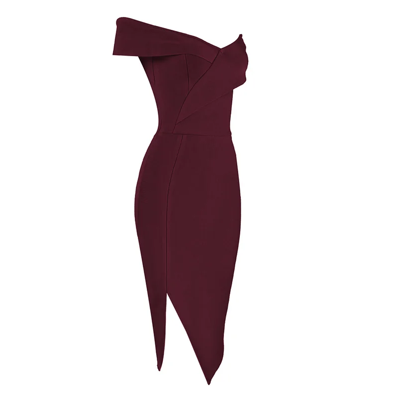 High Quality Celebrity Wine Slash Neck Sexy Rayon Bandage Dress Homecoming Party Dress