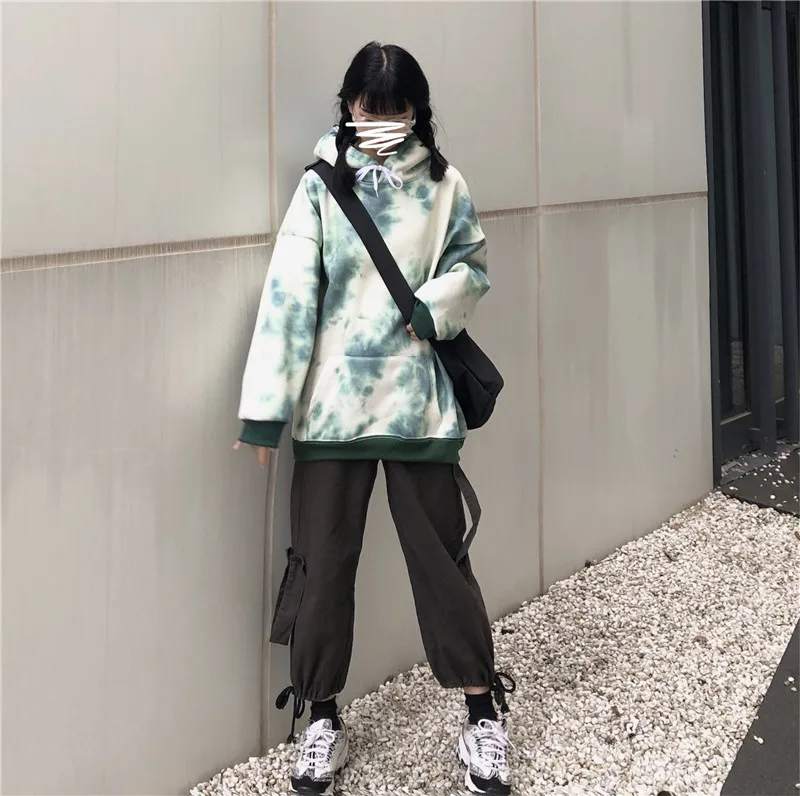 Tie Dye граффити контрастный принт с капюшоном карман Толстовка Пуловер толстовки для женщин мужчин Уличная плюс негабаритных Harajuku Топ Корея