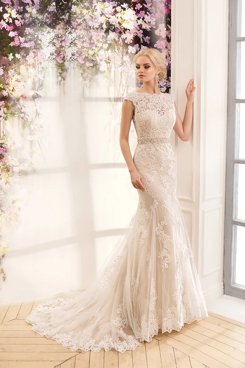 Великолепные Свадебные платья Vestido De Noiva с бантом сзади кепки рукава Кружева Тюль свадебное платье в стиле "Русалка" с бисером пояса