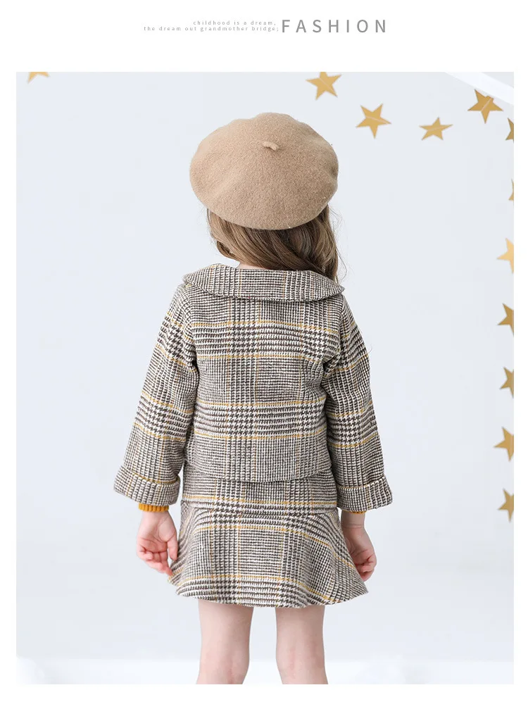 Autumn Children Sets Brand Thanksgiving Christmas Outfit Plaid Toddler Girl Woolen Skirt Suit Kids Winter Clothes CLS307