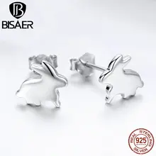 BISAER Bijoux,, 925 пробы, Серебряный кролик, изысканные маленькие серьги-гвоздики для женщин, модные серебряные серьги, ювелирные изделия GXE294