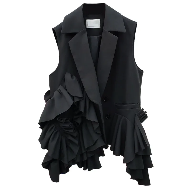 2021 Autumn New Outerwear Layers Ruffles Design Fashionable Loose Fashion Black Blazer Vest Women Ruched Casual Coats