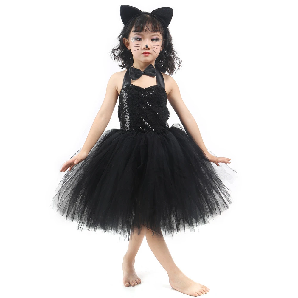 Solid Black Sequins Cat Cosplay Halloween Costume for Kids Girls Animal Tutu Dress Outfit for Toddler Baby Girl Birthday Clothes baby girl skirt clothes