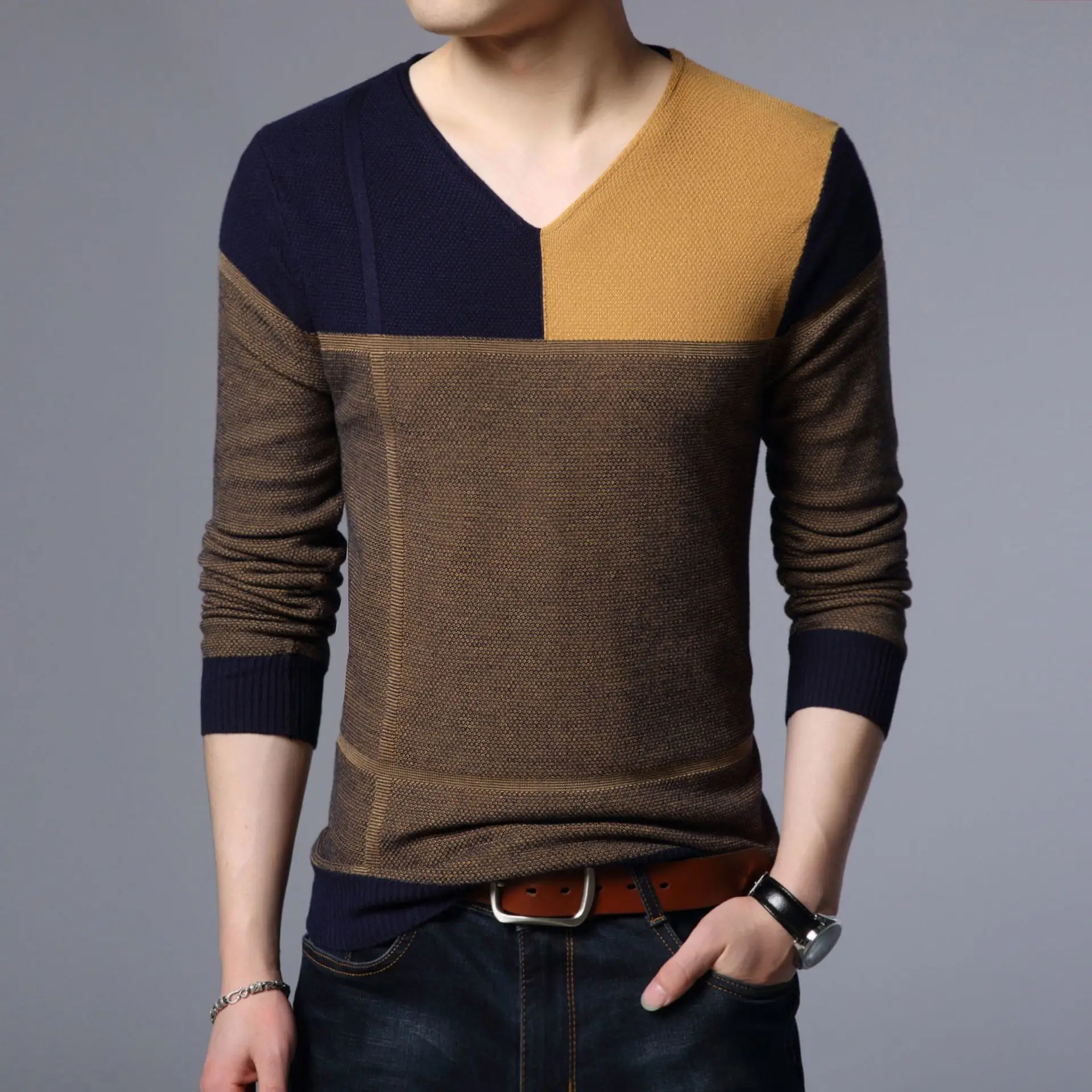 Hot Product New Sweater Men Pullover Fashion V Neck Spring Autumn Slim Fit  Knit Patchwork Striped Male Sweater Casual Jumpers Outwear Full