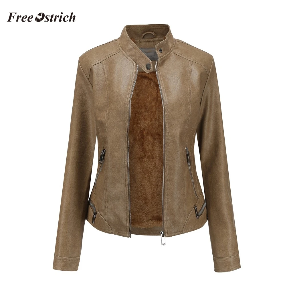 Free Ostrich Winter Clothes Women  coats and jackets Leather Jacket Parka Zipper Tops Overcoat Outwear Motorcycle Coat Leather