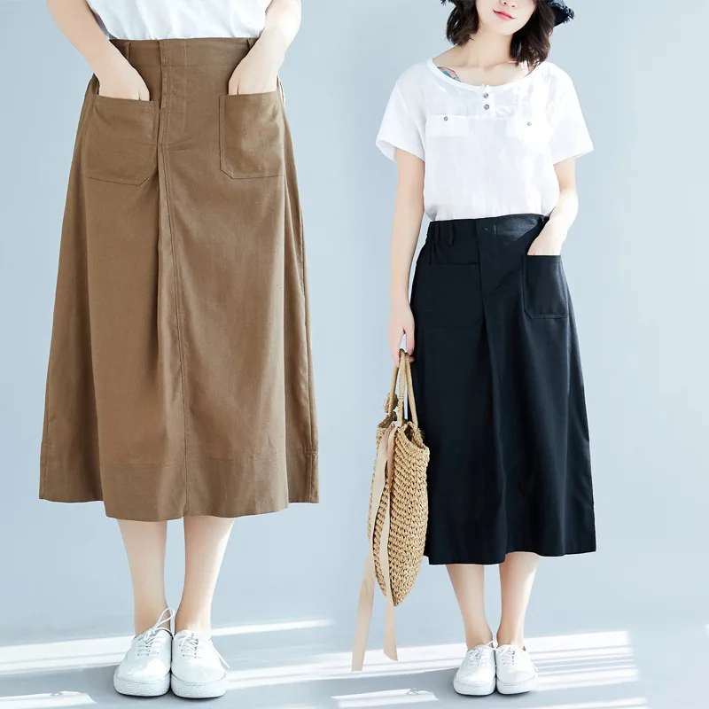 

2019 Spring And Summer Fashion Cotton Linen Large Size Korean-style Elastic High Waist Skirt Korean-style Skirt