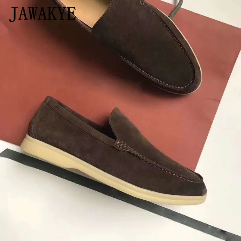 brownness suede Новинка; женские замшевые лоферы из натуральной кожи; Повседневная обувь без застежки с круглым носком; удобная бежевая женская обувь для прогулок - Цвет: brownness suede