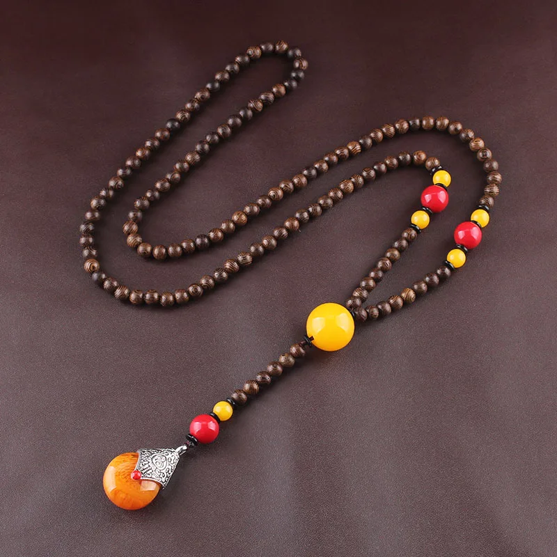 ##BUY Vintage Ethnic Imitation Beewax Pendant Necklace For Women Handmade Wenge Wood Buddha Beads Long Necklace Nepal Jewelry