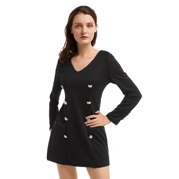 

Bikitique Double Breasted V-Neck Long Sleeve Tight Package Hip Sexy Dress Women Date Knitted Elastic Soft Party Dress Vestidos