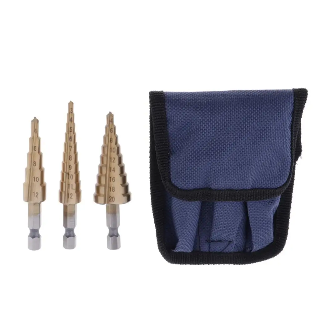 Set of 3 HSS Multi Hole Step Drill Bits 3 Sizes with Canvas Case