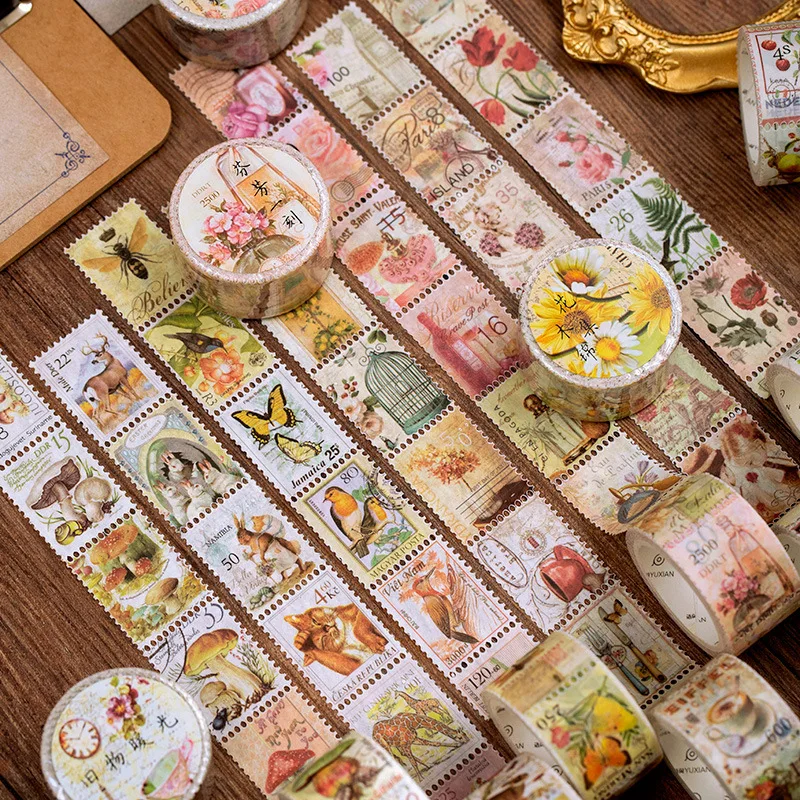 Fantastic serie de bosques Vintage Stamp Washi Tape Diy Diary Label Decoración Para álbum de recortes Bloc de notas adhesivo de papelería cinta adhesiva