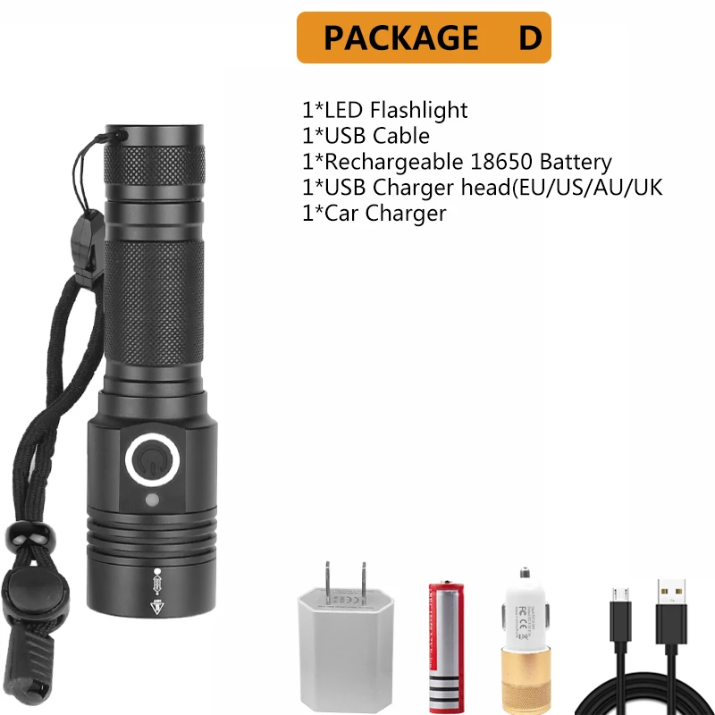 Package D XHP50.2 светодиодный фонарик Ультра мощный тактический фонарь с подзарядкой от USB, магнитная лампа, яркий фонарь с батареей 18650 - Испускаемый цвет: Package D