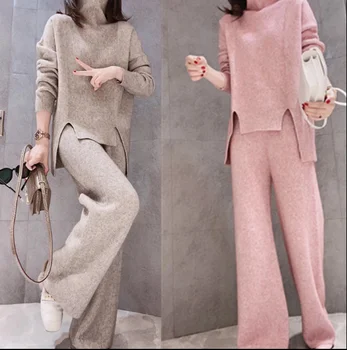

2020 Winter Women Sets Loose Sweater Long Sleeve Cardigan And Full Length Pants Sets Elastic Waist Trousers Female
