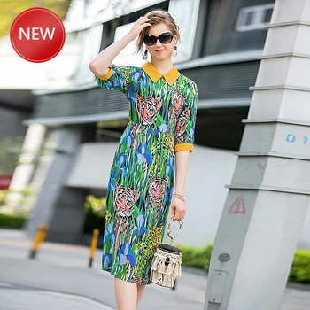 

Women'S Fashion Workplace Party Casual Vintage Elegant Chic Animal Print Green Slim Midi Silk Dress High Quality Summer 2020 New