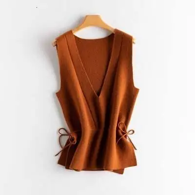 Caramel color Осенний кашемировый женский жилет с v-образным вырезом, вязаный жилет без рукавов, короткий свитер, зимнее пальто для женщин, корейский модный жилет для женщин XL - Цвет: Caramel color