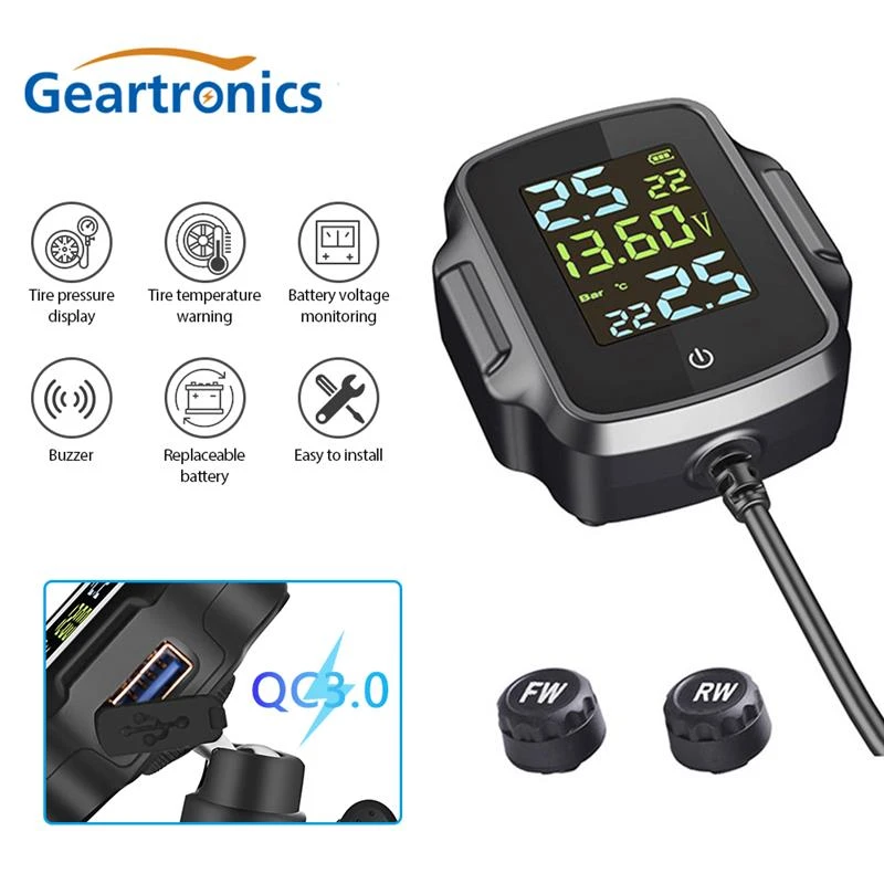 Motorcycle TPMS With QC 3.0 Fast Charging USB Output Motorbike Tire  Pressure Monitoring System Tyre Temperature Alarm System