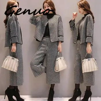 

Genuo New Autumn And Winter Women 2 Piece Set Top And Pants Plaid Wide Leg Trousers Suit Set Female Costume Conjunto Feminino