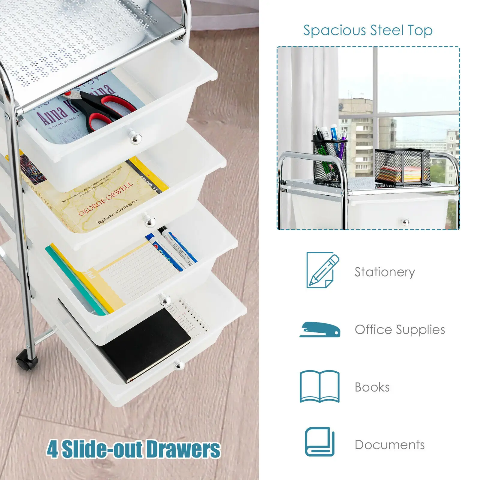 Costway 4-Drawer Cart Storage Bin Organizer Rolling w/Plastic Drawers Clear