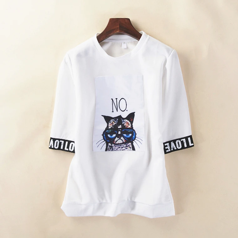 

Spring and autumn new women's loose round neck cartoon print patch five-point sleeve fashion student T-shirt