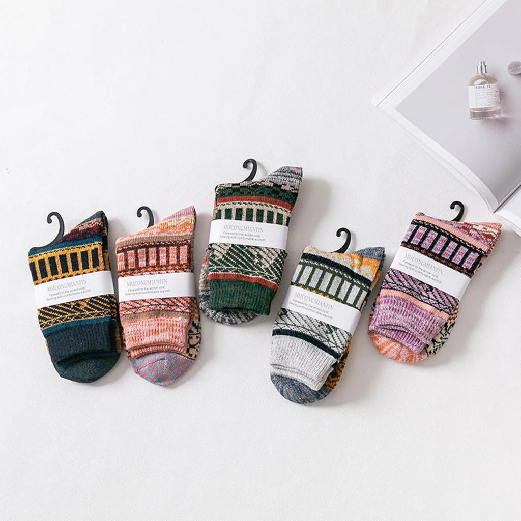 Womail Sock Ladies autumn and winter thick national style retro tube cotton socks Polyester Thick Geometric